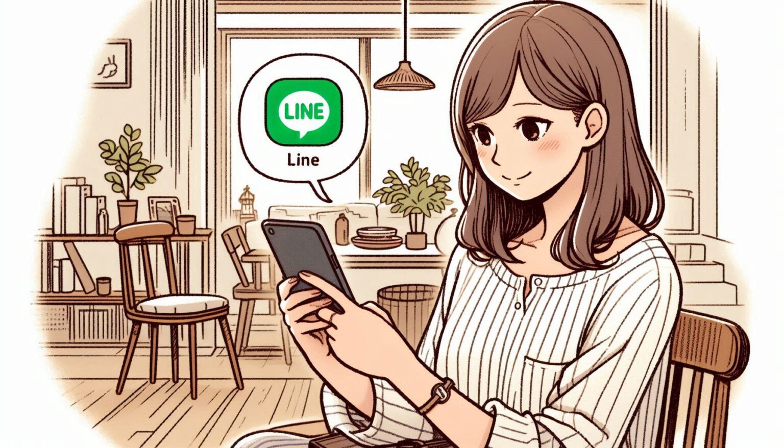 スマホのLINEを見ている女性