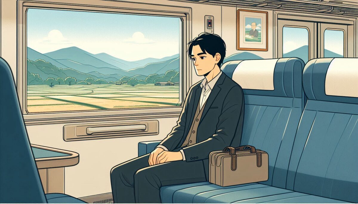 列車に乗って遠縁の親戚の葬儀に向かう男性