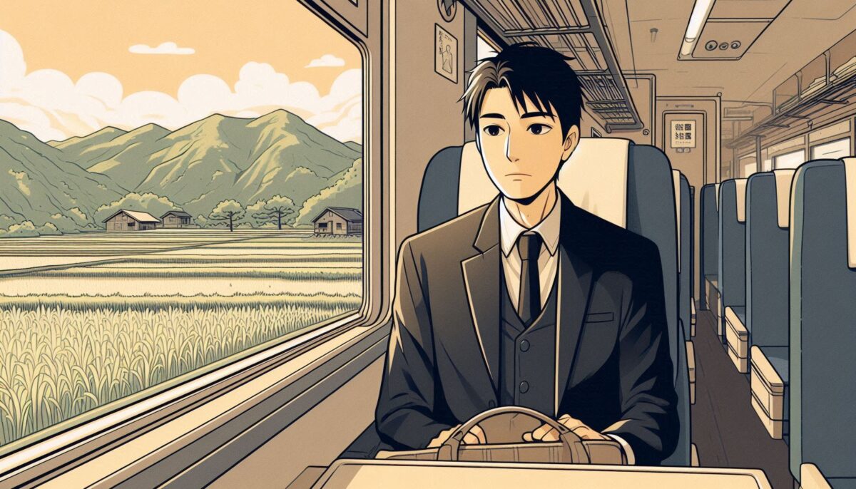 ブラックスーツで電車に乗り車窓を眺める男性